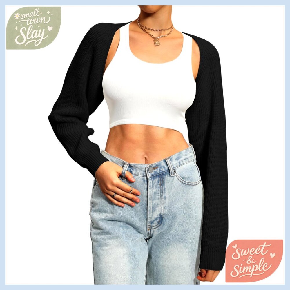 Cropped Knit Cardigan Long Sleeve Open Front Shrug Sweater - Picture 1 of 7